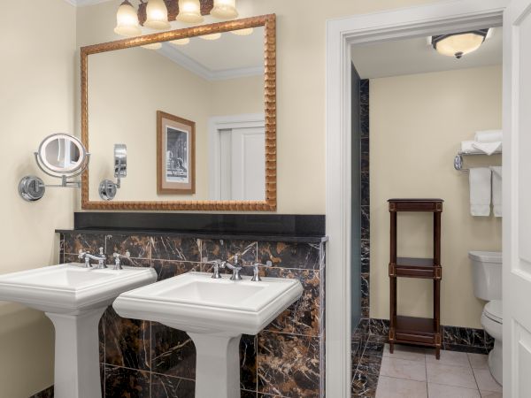 The image shows a bathroom with double sinks, a large mirror, a wall light, and a separate area with shelves and a toilet.